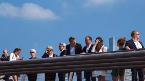 Test-shoots A group of business people lean over a handrail on millennium bridge, bright blue sky in the background and city scape