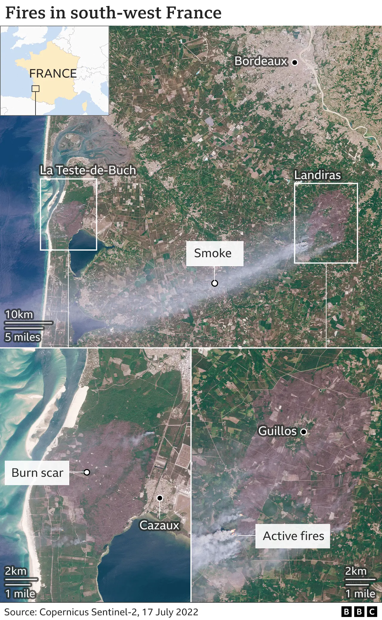 Map showing fires in south-west France