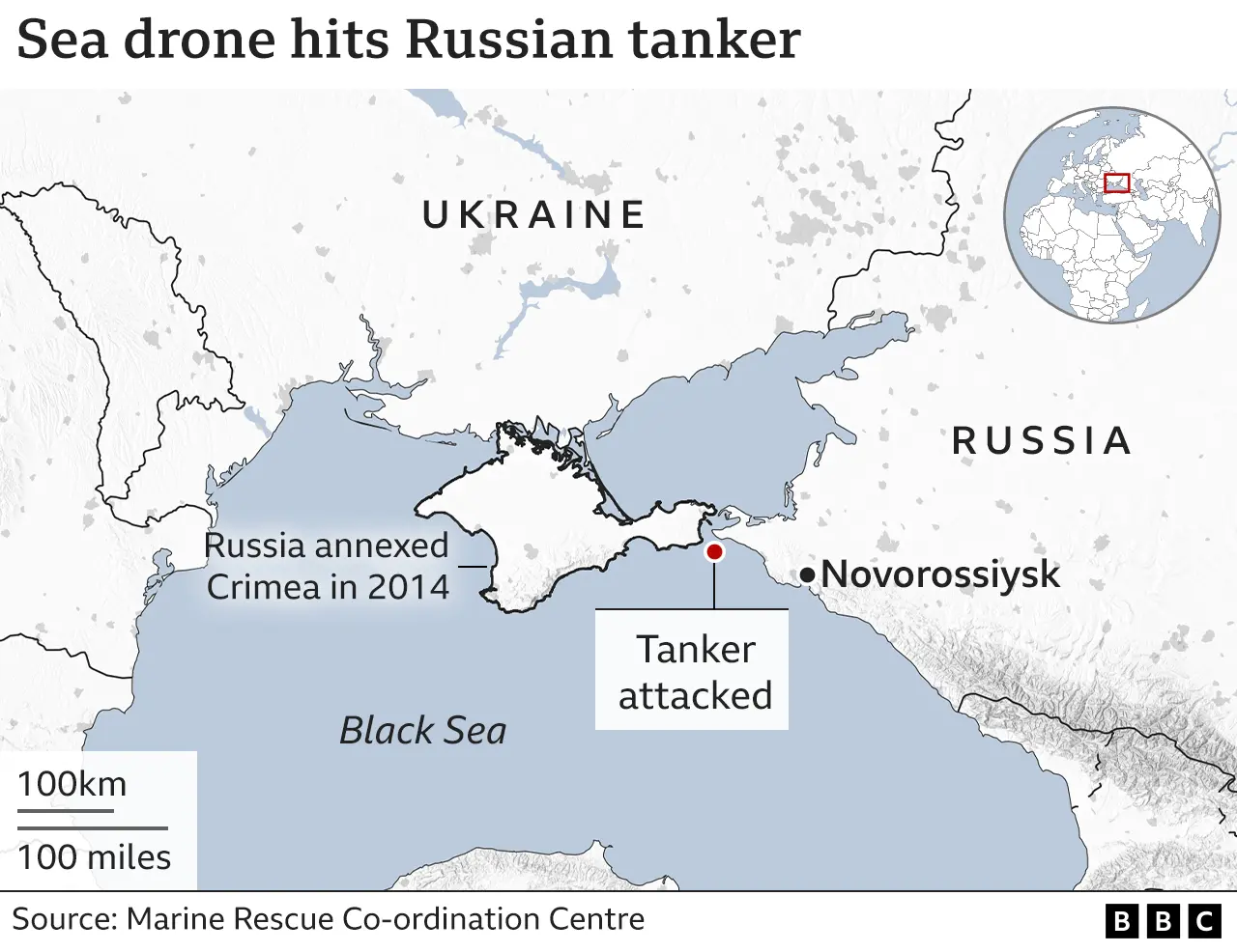 Map of the area where the tanker was hit