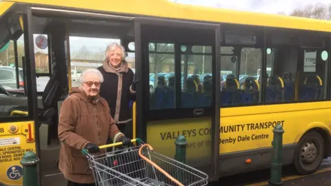 Denby Dale Centre Betty Sharpe and Marion Crawford on a community bus