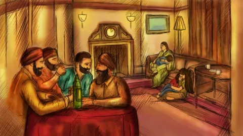 Vik Kainth A group of men drink spirits at a table while women look after tired children in the background