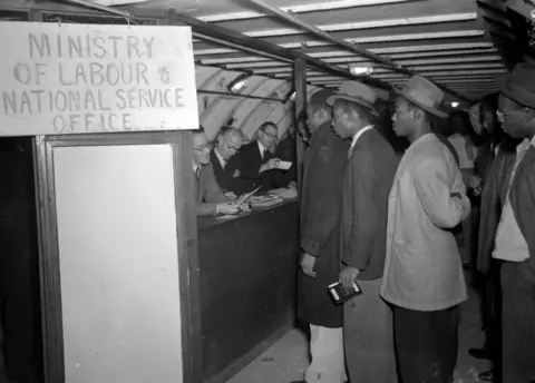 Topfoto The Ministry of Labour and National Service Office on site at Clapham South Subterranean shelter on 23 June 1948, interviewing the new arrivals and helping them find work.