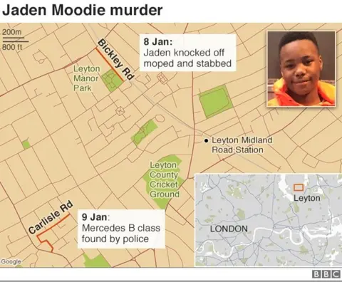 Map showing the locations of the Jaden Moodie murder inquiry