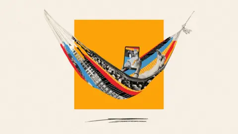 Stock Photo - Black, blue, red and yellow background - depicting a person lying in a hammock and reading a newsletter on a tablet computer