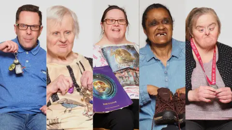 Emile Holba L-R: Dave Lloyd, Ros Mountjoy, Marie Alderman, Wendy Enfields and Geri Stephenson who all feature in an exhibition that explores the importance of possessions for people with autism and learning disabilities.