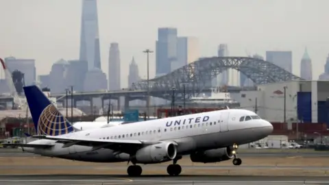 Reuters A United Airlines passenger jet takes off with New York City as a backdrop