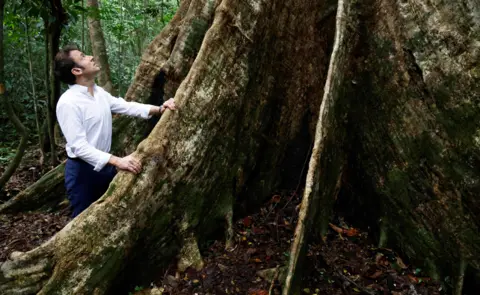 AFP French President Emmanuel Macron in the Foret des Géants (Forest of Giants) near Libreville, Gabon - Thursday 2 March 2023