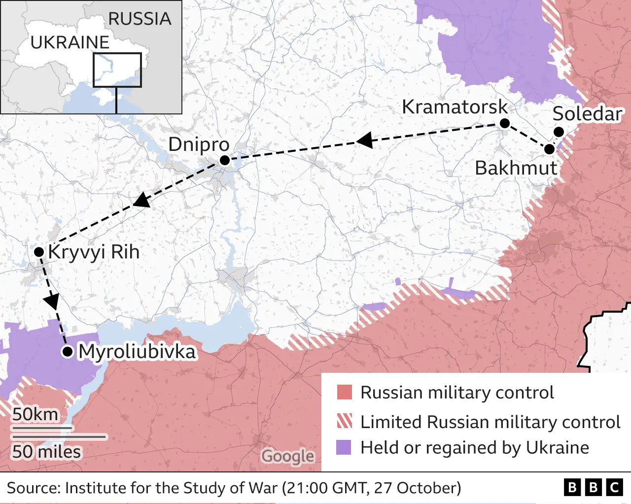 . Map shows the cities and villages of Soledar, Bakhmut, Kramatorsk, Dnipro, Kryvyi Rih and Myroliubivka in eastern and central Ukraine