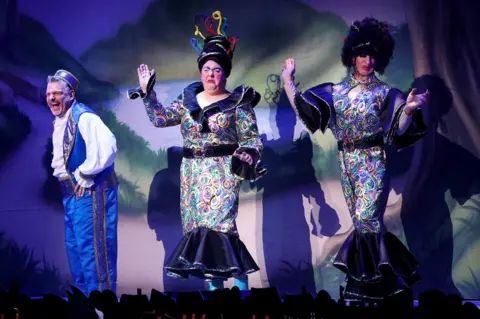 Barry Rivett Andy Collins as Buttons is enjoying being back in front of a live audience with Ugly Sisters Chris Nelson and Christopher Milnes