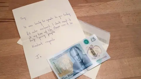 Tony Huggins-Haig Gallery Mystery Irish benefactor's note to gallery over £50k five pound note