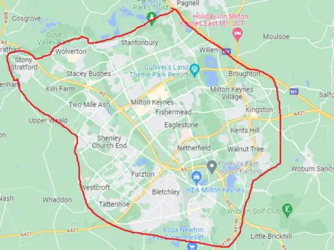 Thames Valley Police A map of a Section 60 Order in place in Milton Keynes