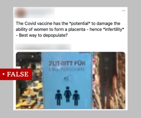 Social media post claiming the vaccine could damage the placenta, labelled 'false'.