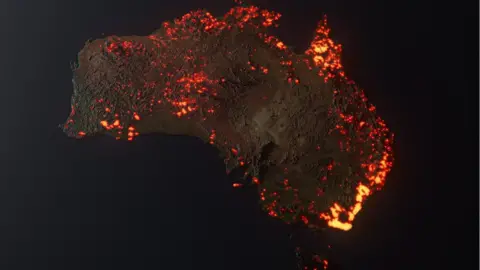 Anthony Hearsey An artist's visualisation of one month of Australia fire data