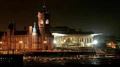 PA Welsh Assembly at night