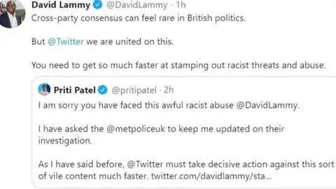 BBC Messages posted on Twitter by David Lammy and Priti Patel