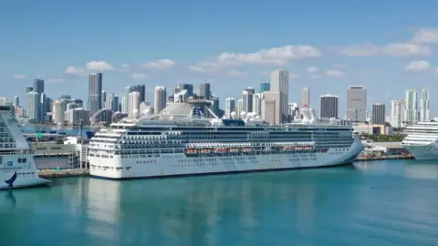 Getty Images An aerial view from a drone shows the cruise ship Coral Princess after it docked at Port Miami on April 04, 2020 in Miami, Florida.