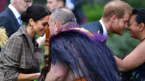 AFP/Getty The Duke and Duchess of Sussex being given a traditional Maori welcome