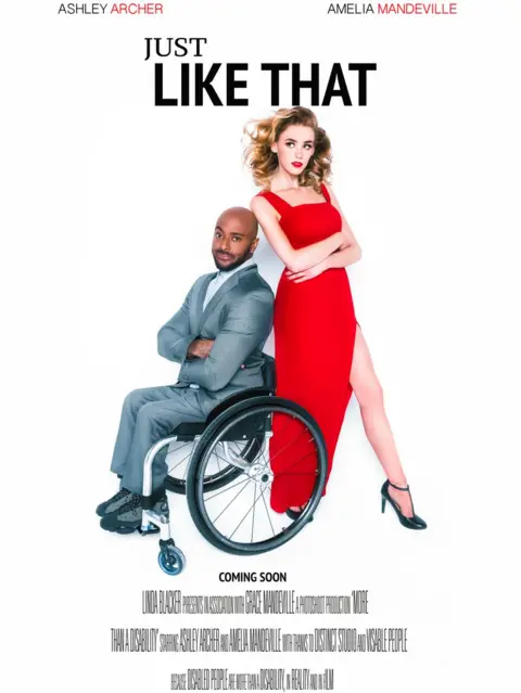 Linda Blacker  Ashley Archer and Amelia Mandeville pose for a rom-com film poster with Ashley in a wheelchair