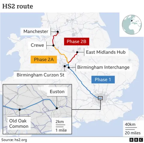 Map showing route of HS2 rail line