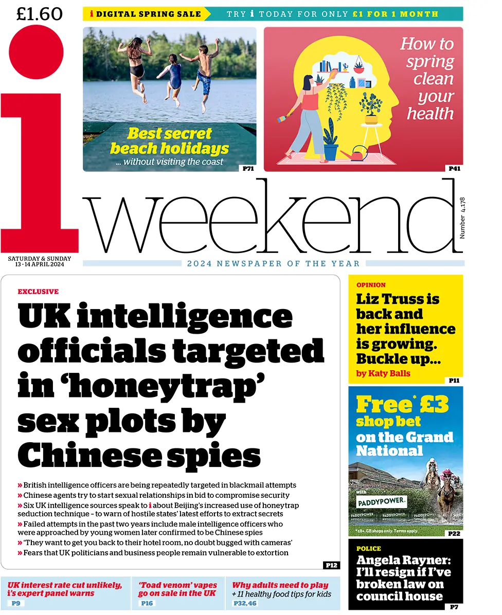 BBC The i weekend headline reads: "UK intelligence offices targeted in 'honeytrap' sex plots by Chinese spies"