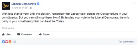 Facebook/Liberal Democrats Lib Dem advert, encouraging people to 'lend' their vote to the party