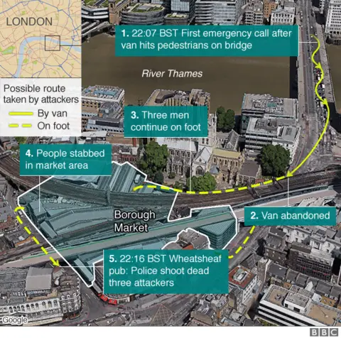 Map of London Bridge and Borough Market area and possible routes taken by attackers