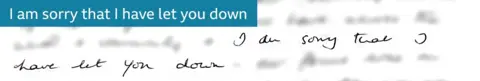 A handwritten note which reads: I am sorry that I have let you down