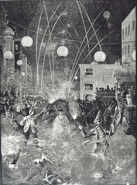Getty Images Bonfire engraving showing the 1886 Lewes Bonfire