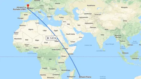 Google Maps grab of Reunion's trip to France