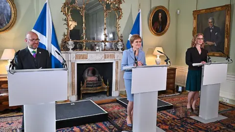 Getty Images First Minister of Scotland Nicola Sturgeon holds a media briefing with Scottish Greens co-leaders