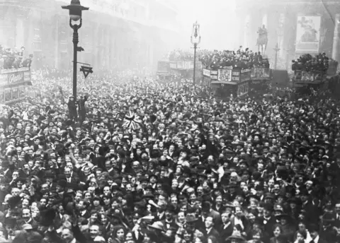 Bettmann/Getty Images Armistice celebration in England in 1918