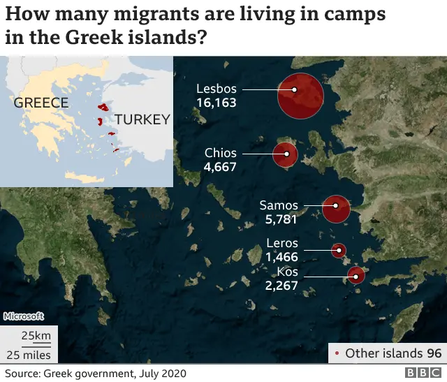 Map showing migrants living in camps in the Greek islands. Updated 31st Aug