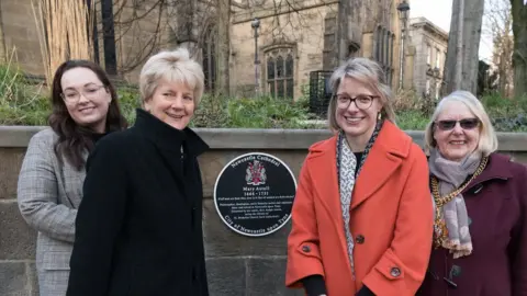 Simon Veit-Wilson/Northumbnria University Northumbria University postgraduate researcher Daisy Winter; Jane Hedges, Acting Dean of Newcastle; Dr Claudine van Hensbergen, of Northumbria University; and the Sheriff of Newcastle, Councillor Veronica Dunn.