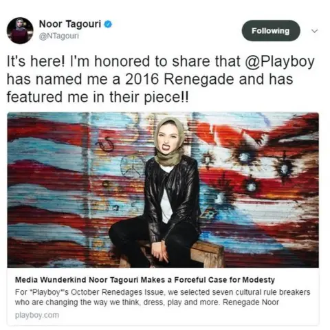 @NTagouri/Twitter It's here! I'm honored to share that @Playboy has named me a 2016 Renegade and has featured me in their piece!!