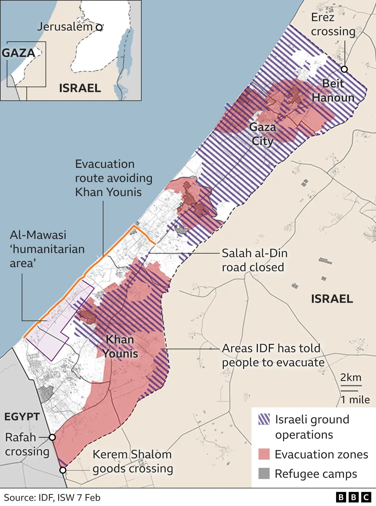 A BBC map of Gaza showing areas of Israeli ground operations, evacuation zones, refugee camps and the al-Mawasi "humanitarian area"