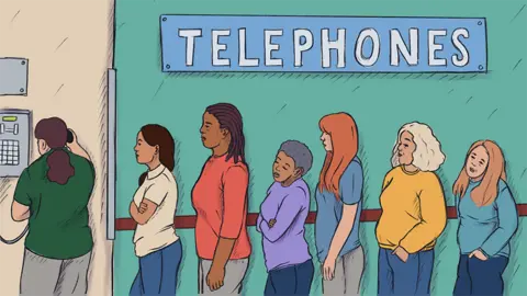 BBC queue of women waiting to use a pay phone in prison