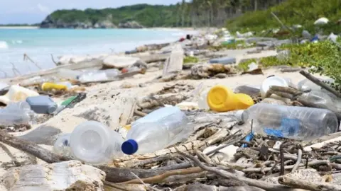 Getty Images Plastic bottles on a beach