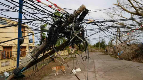 Bent over power and telephone poles from Cyclone Mocha's impact