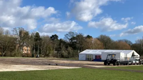 A marquee set up for filming in Verulamium park