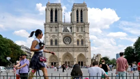 Getty Images Tourists outside Notre-Dame