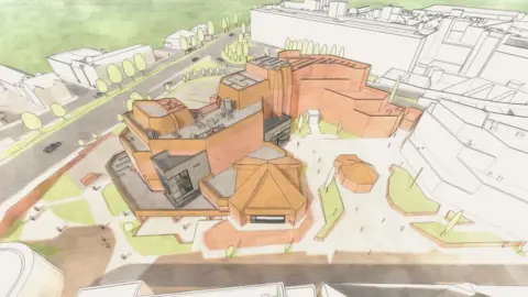 A digital image showing an aerial view of Redditch's new community hub.