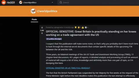 Reddit Screengrab of the Reddit post that revealed sensitive US-UK trade documents