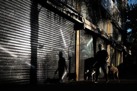 Juan Ignacio Roncoroni / EPA-EFE A man walks his dogs in Buenos Aires, Argentina