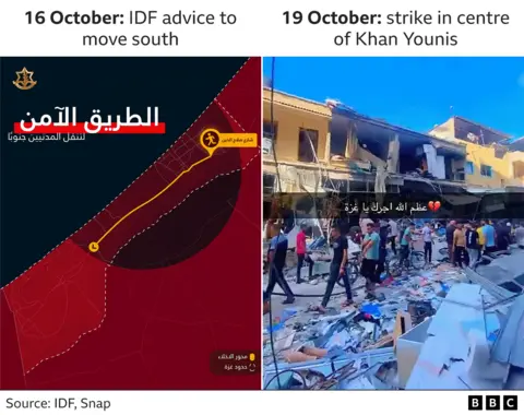 Graphic shows on the left an IDF tweet and graphic advising people to move south to Khan Younis and on the right a still from a verified video of strike in Khan Younis