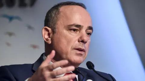 Getty Images Israeli Energy Minister Yuval Steinitz delivers a speech in Istanbul on 12 July 2017
