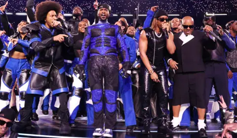 Getty Images Ludacris, Usher, Lil Jon, Jermaine Dupri and will.i.am perform onstage during the Apple Music Super Bowl LVIII Halftime Show at Allegiant Stadium on February 11, 2024 in Las Vegas, Nevada