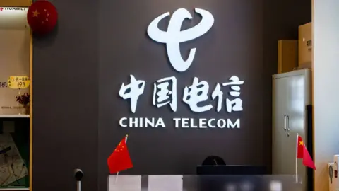 Getty Images China Telecom sign with Chinese flags