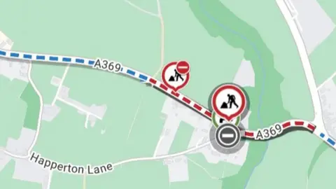 One.network A map showing a planned road closure for the A369 Martcombe Road