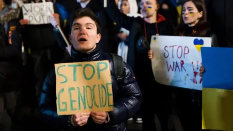 EPA Protesters in support of Ukraine in Trafalgar Square in London, Britain, 02 March 2022. Russian troops entered Ukraine on 24 February prompting the country"s president to declare martial law and triggering a series of announcements by Western countries to impose severe economic sanctions on Russia