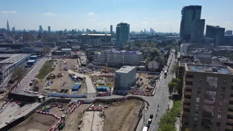 BBC Aerials showing the HS2 construction site stretching across a large area in Euston.